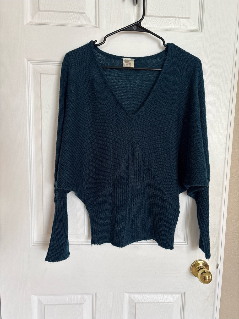 Inked & Faded Teal Batwing V-Neck Knit Sweater Medium Dolman Boho Oversized